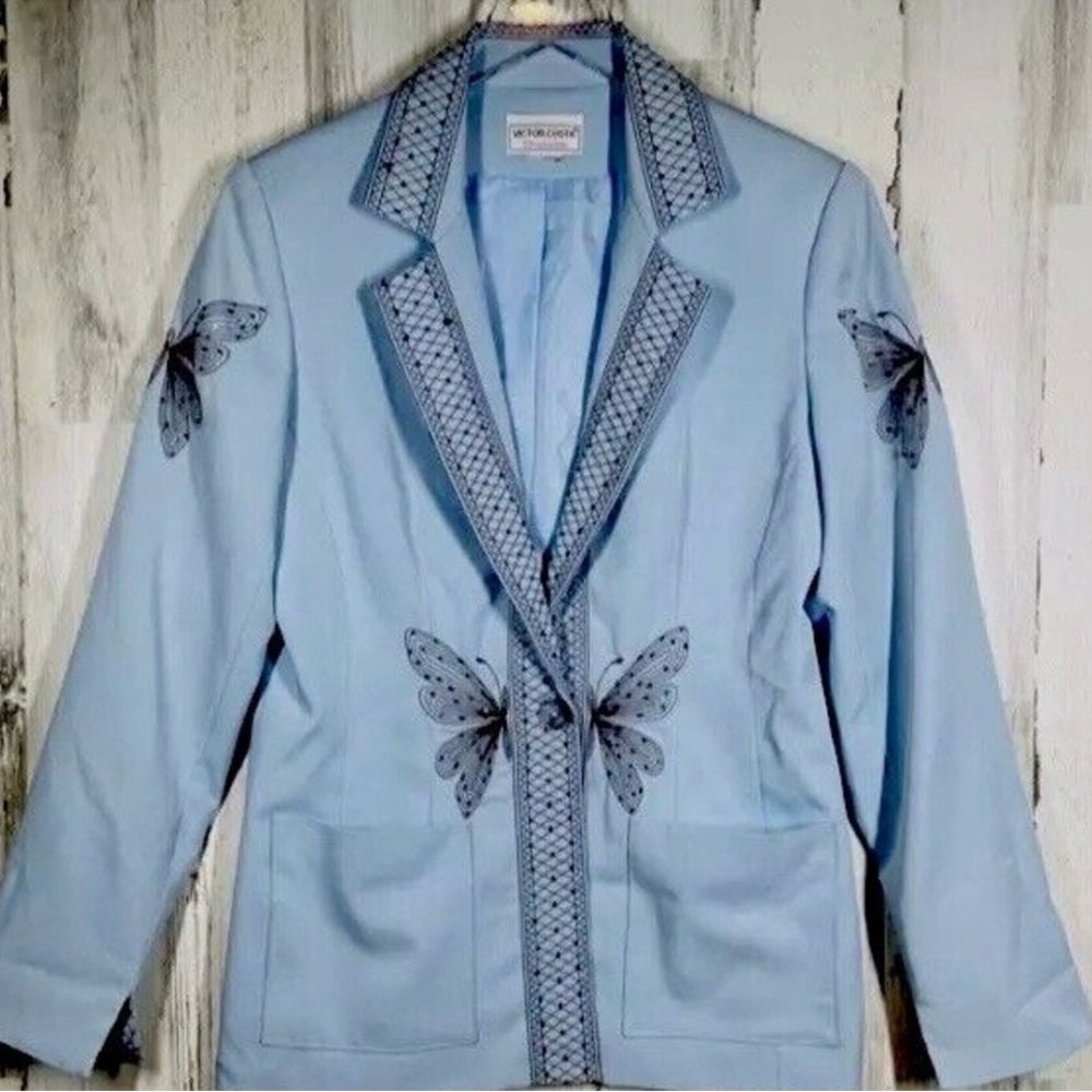 Light Blue Embroidered Butterfly Blazer - Women’s Jacket